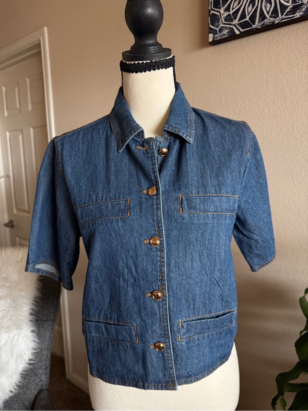 Women's Blue Short Sleeve Denim Jacket with Button Front